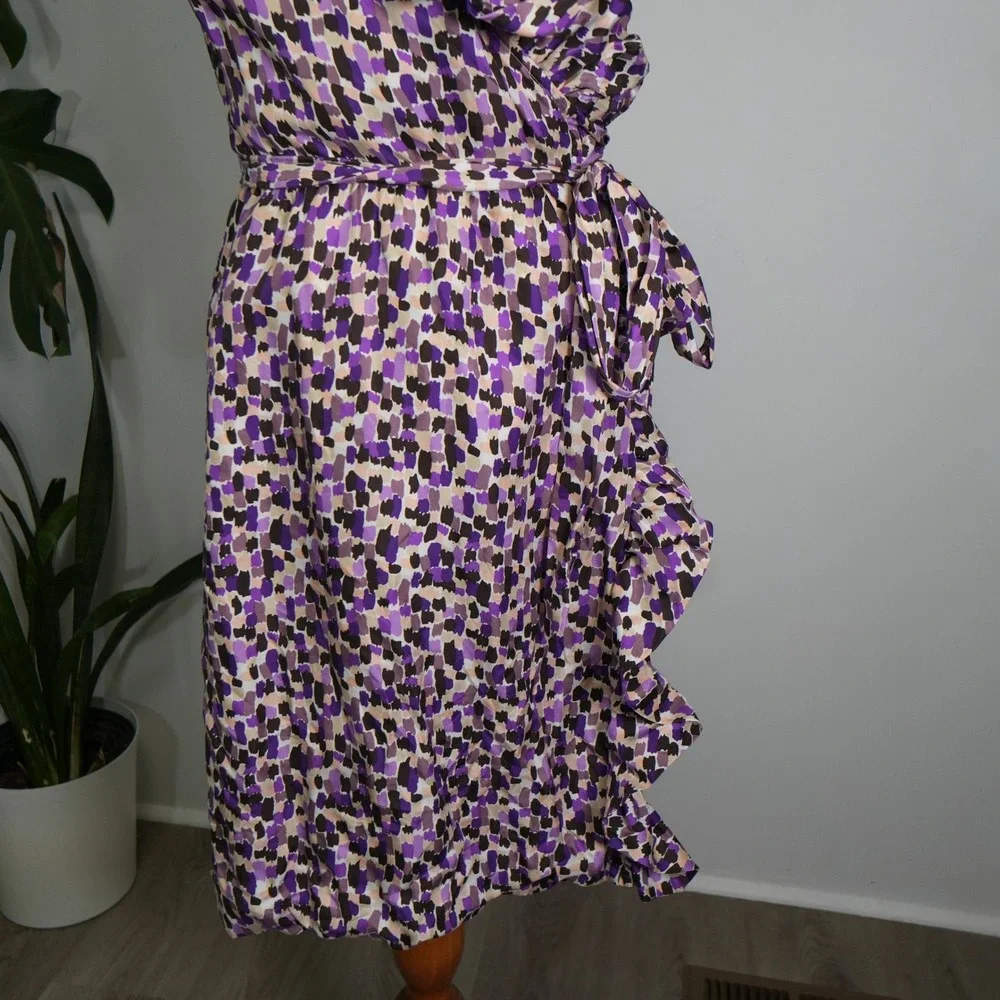 Kate Spade Silk Wrap Dress Womens 8‎ Purple Abstract Ruffle NJMU1851 Brushstroke
